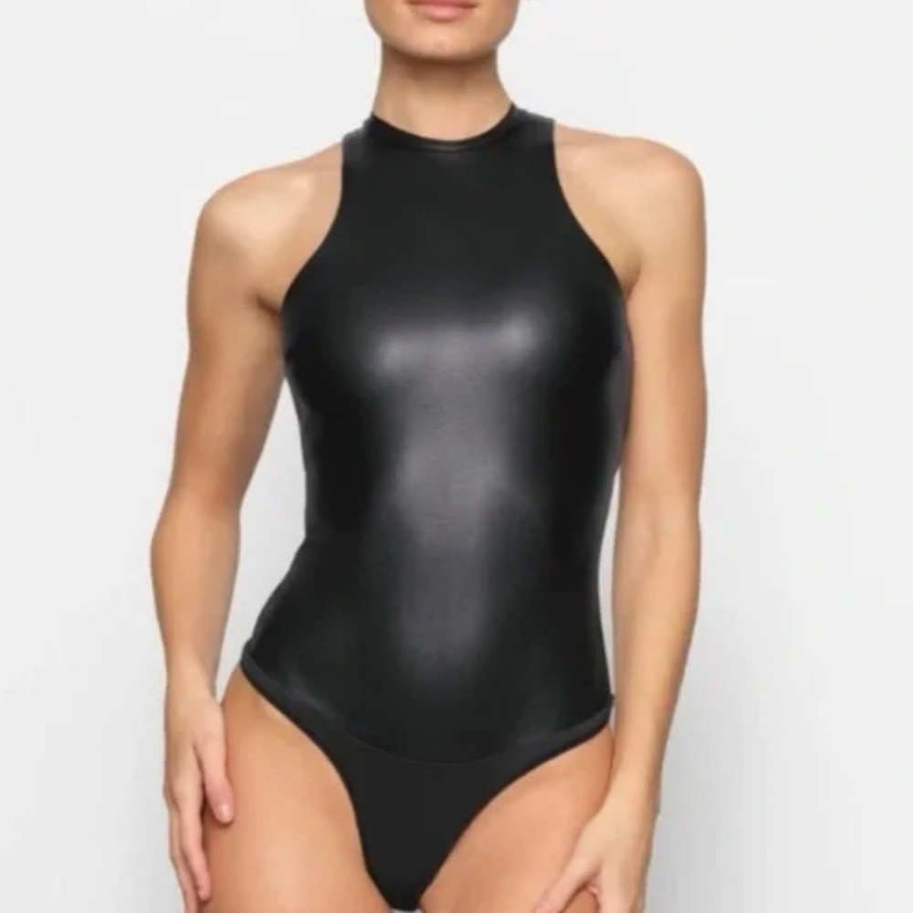 SKIMS faux leather thong body suit